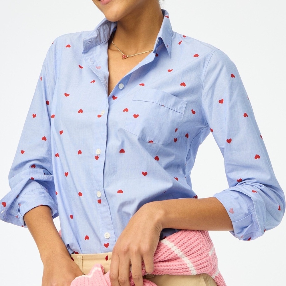 J. Crew Blue Button Down Shirt with Red Hearts